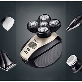 Máy cạo râu đa năng 5in1 Kemei-1000 chuyên nghiệp với 5 đầu thay thế dùng để cạo râu, cắt tóc, tỉa lông mũi, rửa mặt, massage