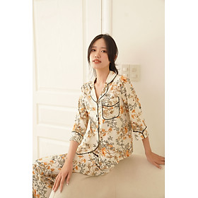 PZM tay lỡ và quần dài họa tiết hoa huỳnh liên vàng  nền kem vải lụa satin pháp cao cấp sang chảnh PJ88