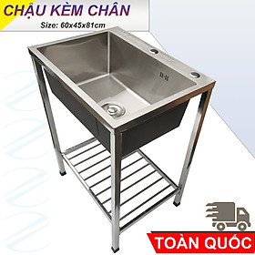 COMBO Chậu Rửa Chén Bát 1 Hộc 60x45cm Có Chân Kèm Vòi Inox Nóng Lạnh - Gồm kệ chân, chậu, vòi, bộ xả, tặng đầu xịt xà bông