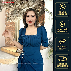 Đầm Ôm Body Xanh Xếp Ly Thanh Lịch Tay Phồng Kết Ngọc Trai Mei Dress