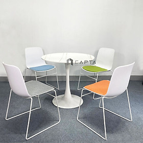 Bộ bàn tròn tiếp khách mặt đá 4 ghế thân nhựa có nệm xếp chồng nhập khẩu cho văn phòng công ty, showroom, spa HCM SL TULIP 2-08E3 / CC1552-P