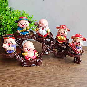 (Hàng cao cấp) Bộ 05 tượng Ngũ Phúc Lâm Môn 6cm + Di Lặc cầm thỏi vàng + chân đế ngang 6 ô sứ