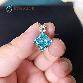 Mặt dây chuyền xoàn Nam Phi xanh biển aqua vuông size 10 li khoen kim tiền bạc nguyên chất