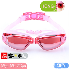 Kính bơi nam nữ & trẻ em lớn tráng gương thời trang, có kèm bịt tai & kẹp mũi, chống nước, chống đọng sương mờ và tia cực tím UV, dây đeo bấm điều chỉnh theo đầu | MK01