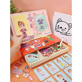 Đồ chơi bé gái-Ghép hình nhà thiết kế thời trang-Thay trang phục cho nhân vật hoạt hình siêu Cute-Đồ chơi gỗ có nam châm