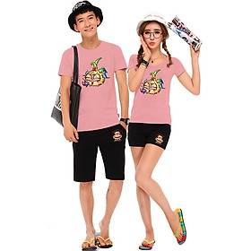 Bộ Áo Thun Đôi Nam Nữ Củ Hành Màu Hồng Ruốc