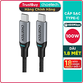 Mua Dây Cáp Sạc Nhanh USB Type C to Type C 100W Dài 1.8M Chuyên Sạc iPhone 15  Macbook  Laptop  Smartphone CHOETECH XCC-1002-GY - Hàng Chính Hãng