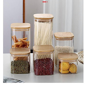 HŨ THỦY TINH DÁNG VUÔNG NẮP GỖ ĐỰNG THỰC PHẨM HẠT KHÔ - VD62