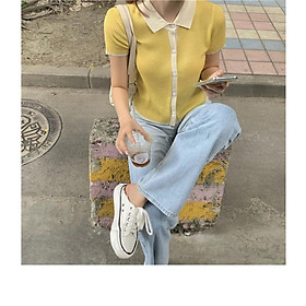 MS429 Áo len nữ polo cộc tay phối màu
