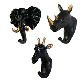 3Pcs Resin Animal Head Hook Towels Key Wall Hanger Black-Golden Decoration