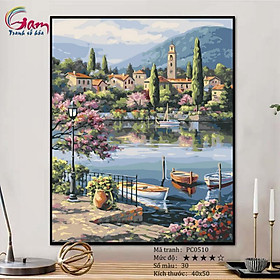 Mua Tranh tự tô màu số hóa Tranh phong cảnh mùa xuân bến thuyền hồ nước Địa Trung Hải mã PC0510
