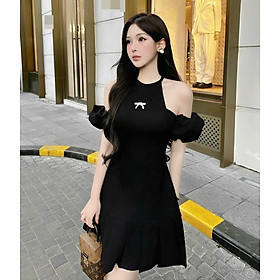 ĐẦM 2 DÂY YẾM TRỄ VAI ÔM BODY ĐEN VÁY NGẮN XÒE CHỮ A XẾP LY TAY BỒNG SUÔNG TRƠN ĐI TIỆC DẠO PHỐ ĐI CHƠI NOEL GIÁNG SINH