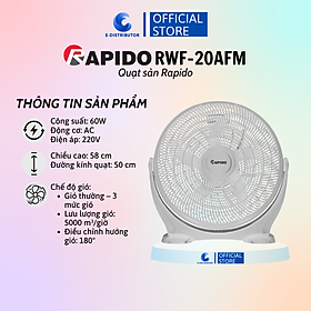 Quạt sàn Rapido RWF-20AFM (Công suất 60W) - Hàng chính hãng - Điện áp: ~ 220V – 240V/ 50 Hz  - Công suất: 60W