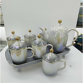 Bộ bình trà ( ấm chén ) kèm khay pha trà, cà phê màu trắng pha ghi, trắng pha xanh ngọc viền vàng cao cấp