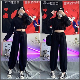 Set thể thao áo croptop tay dài rút dây + quần jogger trơn dài ống bo unisex