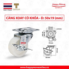 Bánh xe đẩy nylon tải nhẹ càng xoay khóa - 50-65-75mm - Happy Move Thái Lan