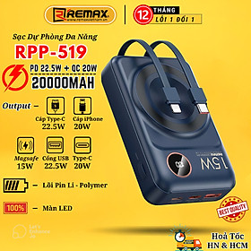  Pin Sạc Dự Phòng Không Dây Từ Tính Remax RPP-519 20000mAh Tích Hợp Kèm 2 Cáp Sạc Nhanh PD 22.5W - Hàng Chính Hãng Remax