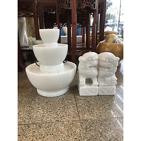 Bộ combo Tháp nước luân hồi Cao 30cm và cặp kỳ lân quay đầu cao 20cm phong thủy đá cẩm thạch trắng