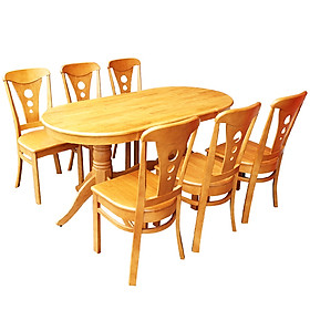 Bộ Bàn Ăn Mặt Oval Gỗ Tự Nhiên 100% Thiết Kế Chân Trụ 1m6 6 Ghế Đẹp
