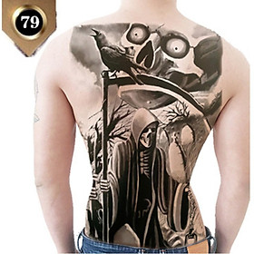 Hình xăm dán kín lưng thần chết cầm lưỡi hái trắng đen 34x48cm- tặng bắp tay tattoo 12x19cm