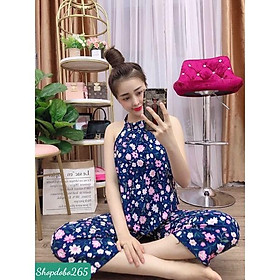 Đồ bộ nữ,đồ ngủ mặc nhà cổ yếm xinh vải lụa hoa nhí size 45-57kg.