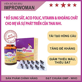 Viên bổ bà bầu ImproWoman - Bổ sung canxi, sắt, DHA, EPA, Magie, Kẽm cùng các vitamin và khoáng chất giúp bồi bổ cho cả mẹ và thai nhi. Lọ 90 viên. SP đạt chuẩn GMP – WHO.