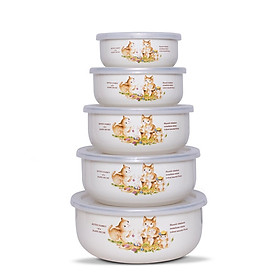 Bộ 5 thố tráng men cao cấp Nhật Bản Fujihoro (Hoa Văn Con Mèo) KIT-251