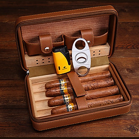 Ví Da Xì Gà 4 Điếu Cao Cấp Bảo Quản Giữ Ẩm Cigar Kèm Bật Lửa Khò Xì Gà Và Dao Cắt - Quà Biếu Tặng Sếp