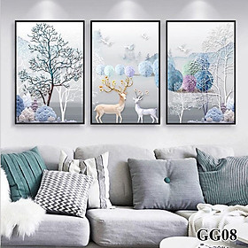 Hình ảnh Tranh treo tường canvas 3 bức phong cách hiện đại Bắc Âu 01, tranh hươu trang trí phòng khách, phòng ngủ, phòng ăn, spa