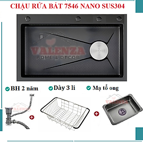 Hình ảnh Chậu rửa bát 1 hố Valenza 7546 inox 304 nano đên dày 3li kèm khay inox, rổ lỗ inox, bộ xả to ngăn mùi-Hàng chính hãng