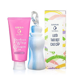 Bộ Đôi Sữa Rửa Mặt Tạo Bọt Collagen Senka Perfect Whip Collagen In 120g Tặng Lưới Tạo Bọt