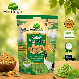 Hạt hỗn hợp khô : Hạnh nhân, hạt điều, đậu phộng tẩm wasabi, chính hãng Heritage vị cay nồng gói 130g- Wasabi Mixed Nuts Heritage