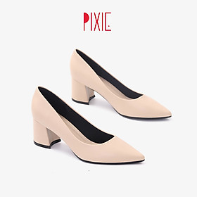 Giày Cao Gót Đế Vuông 5cm Mũi Nhọn Basic Màu Nâu Pixie P055