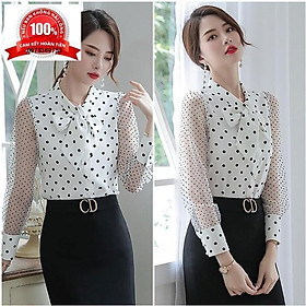 Áo Sơ Mi Nữ Áo Sơ Mi Cao Cấp Tay Dài Thắt Nơ Chấm Bi