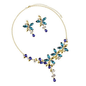 Rhinestone Crystal Flower Necklace Earrings Jewelry Set for Wedding Dress - Blue