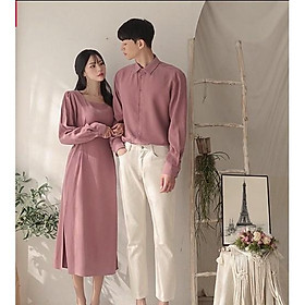 Áo đôi nam nữ Set áo váy sơ mi thời trang Hàn Quốc dáng dài cổ vuông buộc eo màu be COUPLE AV73