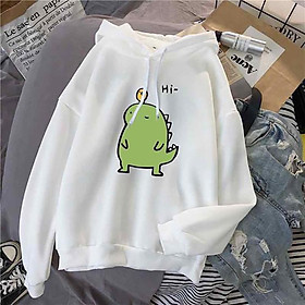 Áo Khoác Hoodie Nỉ Nữ Tay Dài Form Rộng In Hình Khủng Long Mũ Trùm Đầu Dễ Thương Phong Cách Hàn Quốc Chất Liệu Cao Cấp-Trắng