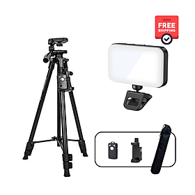 Combo Tripod VCT 5208RM gắn điện thoại, máy ảnh du lịch + Đèn F6 kẹp điện thoại 3 chế độ màu sáng - Hàng chính hãng