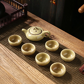 Bộ Bình Trà Gốm Sứ Tráng Men Nứt Dáng Lùn Gồm 1 Ấm Trà, 6 Tách Tặng Kèm Túi Đỏ Đựng Làm Quà