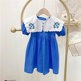 Đầm babydoll thêu hoa phong cách Hàn Quốc cho bé gái tone xanh size 12-35kg chất kate mềm mát