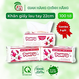 Combo 5 gói Khăn giấy rút lau tay - khăn giấy khô dai, không bụi PONYO 2 lớp gói 100 tờ khổ 19x22cm - Thiên An Nam paper