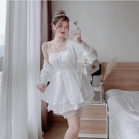 Set váy tiểu thư trắng 2 dây cao cấp, đầm xòe hai tầng phối áo khoác cardigan