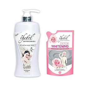 Sữa tắm sáng đẹp tinh chất Sữa Dê Ngọc Trai Thebol 900g Tặng Tắm trắng massage Bùn Khoáng Kaolin thải độc Thebol 450g