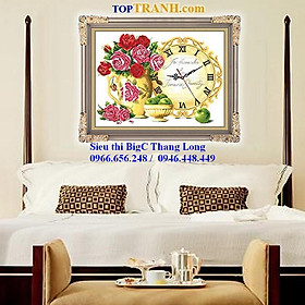 Tranh thêu chữ thập đồng hồ cổ giỏ hoa hồng đỏ và quả táo xanh 8050