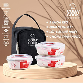 Bộ hộp đựng cơm thủy tinh COBA'COOK 2 hộp chữ nhật 370ml và 1 hộp tròn 400ml + 1 túi giữ nhiệt- CCR4L33BS