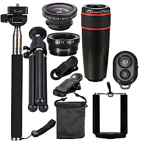 10PCS 12X Telephoto Universal Mobile Phone Lens Kits Wide Angle + Fish Eye + Macro Lens + Selfie Stick + Tripod for