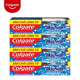 Bộ 4 Kem đánh răng Colgate bạc hà the mát Maxfresh 230g/tuýp tặng bàn chải đánh răng lông mềm