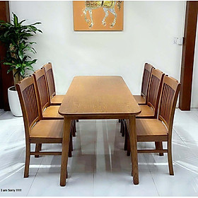 Bộ bàn ăn gỗ sồi 6 ghế màu óc chó A 7.8 đã qua tẩm sấy chống cong vênh mối mọt.