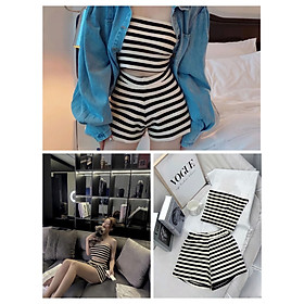 Set Bộ Áo Quây Nữ Kèm Quần Short Kẻ Phối Màu Dáng Ôm Basic