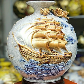 Bình Hút Lộc Thuận Buồm Xuôi Gió Men Rạn Đắp Nổi Rồng Việt, Gốm Sứ Bát Tràng Cao Cấp